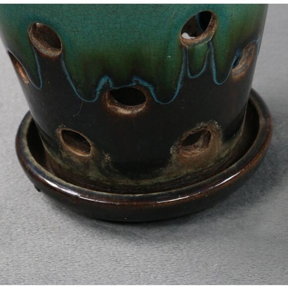 Vintage Handmade Ceramic Orchid Planter Pot w/ Drain Holes & Saucer Green Brown - Picture 3 of 8